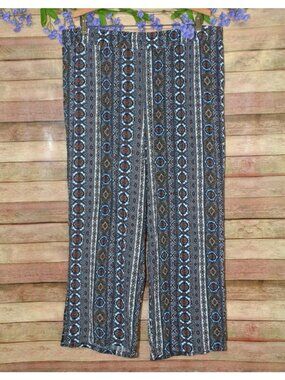 I.N. Studio Womens 2X Wide Leg Rayon Pull On Pants Geo Print Boho Hippie Lounge